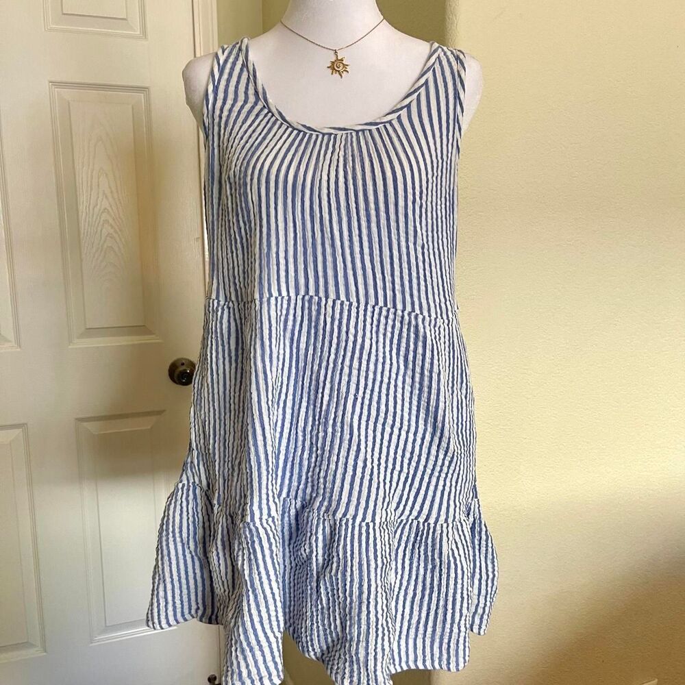 Blue pinstripe mini cotton beach dress with pockets - size small